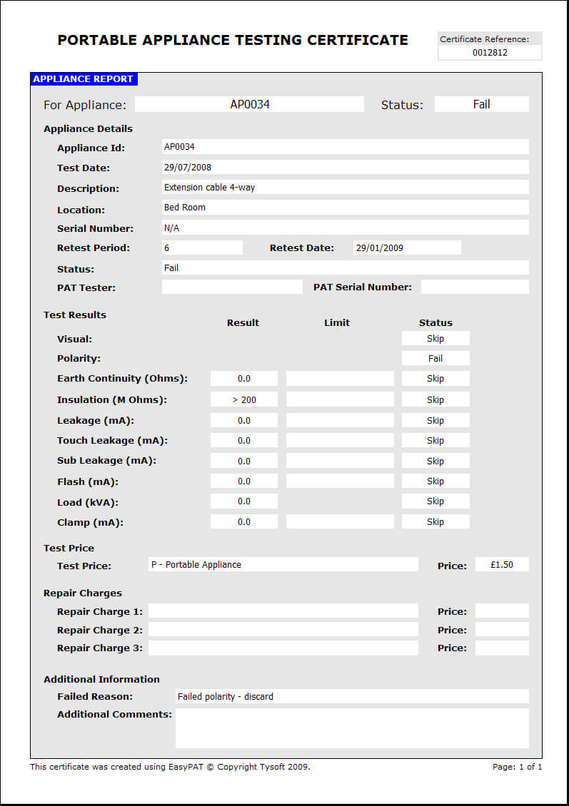 Easypat Portable Appliance Testing Software In Megger Test Report Template
