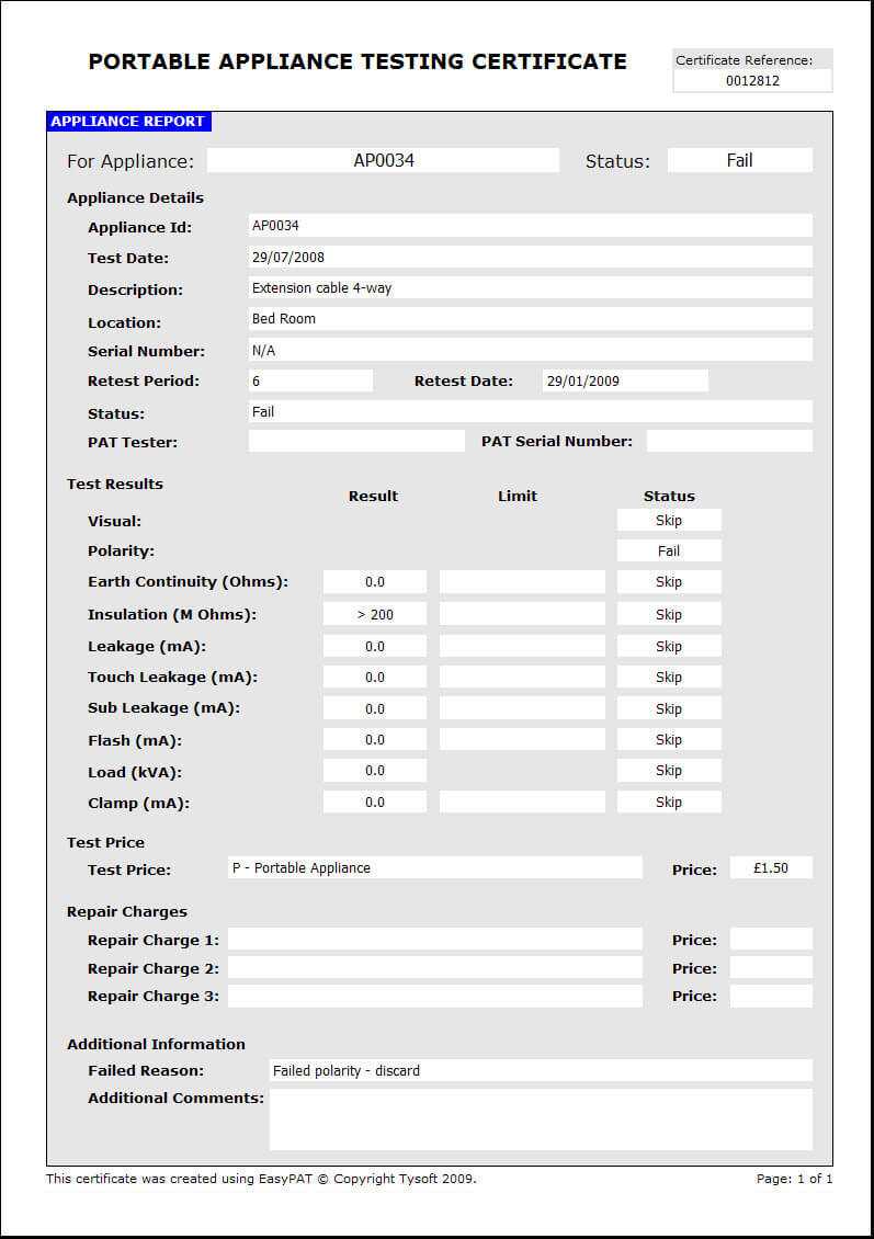 Easypat Portable Appliance Testing Software In Megger Test Report Template