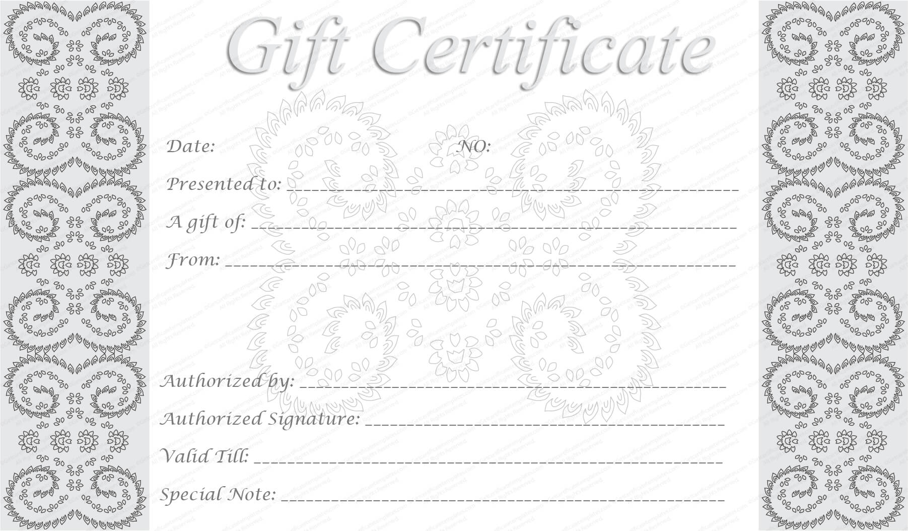 Editable And Printable Silver Swirls Gift Certificate Template With Regard To Spa Day Gift Certificate Template