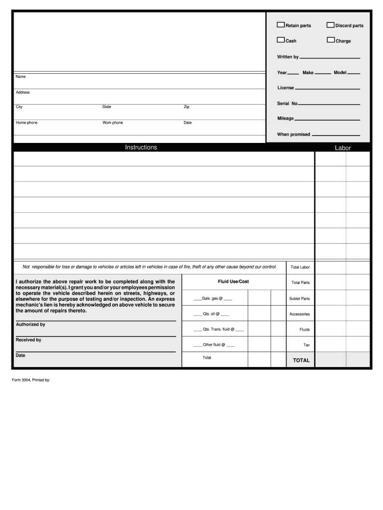 Editable Auto Repair Templates – Fill Online, Printable With Mechanics Job Card Template