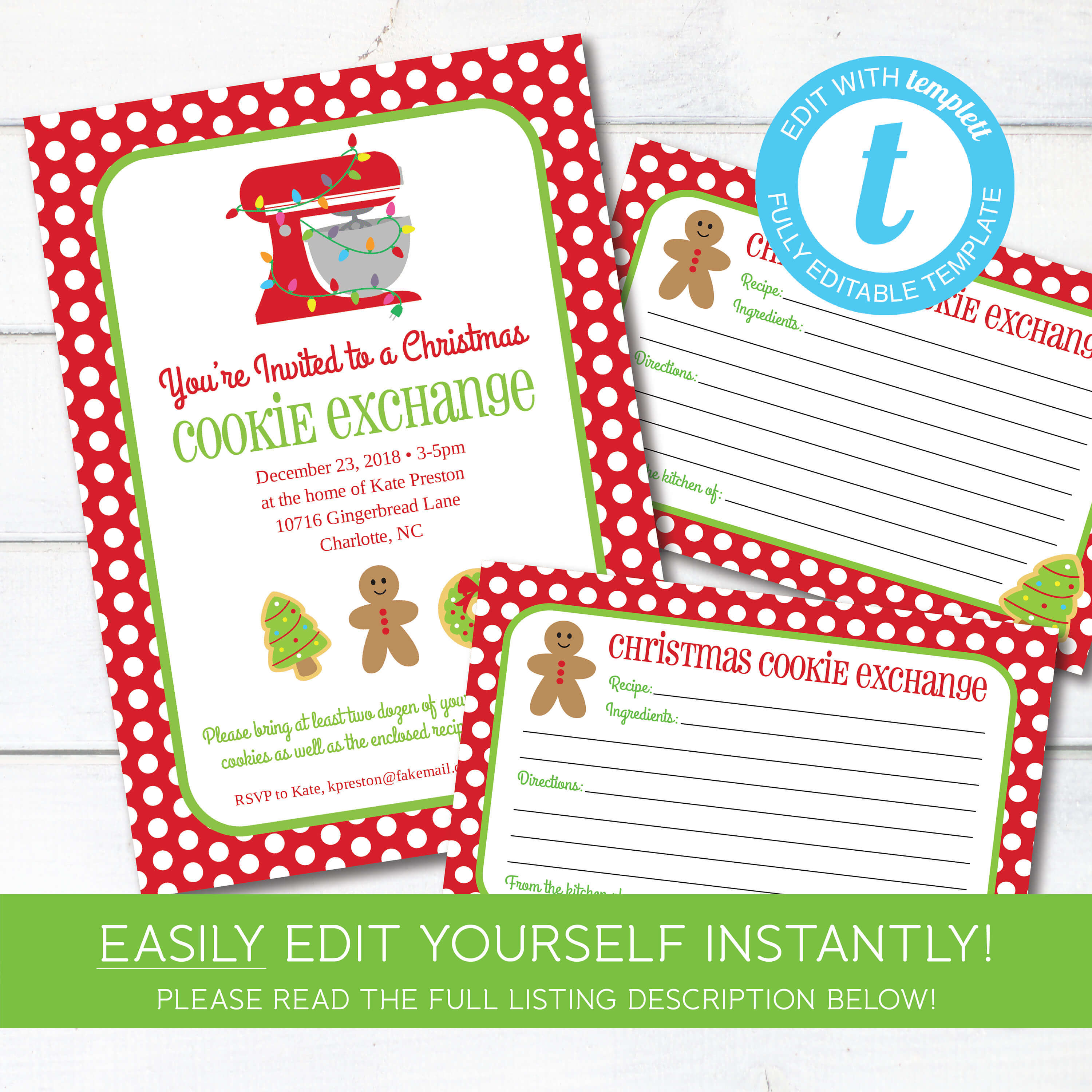 Editable Cookie Exchange Christmas Party Invitation And Recipe Cards,  Instant Download, Holiday Cookie Party Invitation, Edit With Templett With Cookie Exchange Recipe Card Template