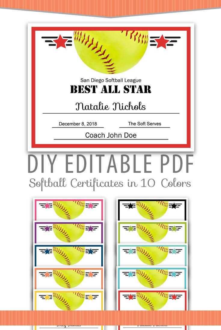 Editable Pdf Sports Team Softball Certificate Award Template Intended For Free Softball Certificate Templates