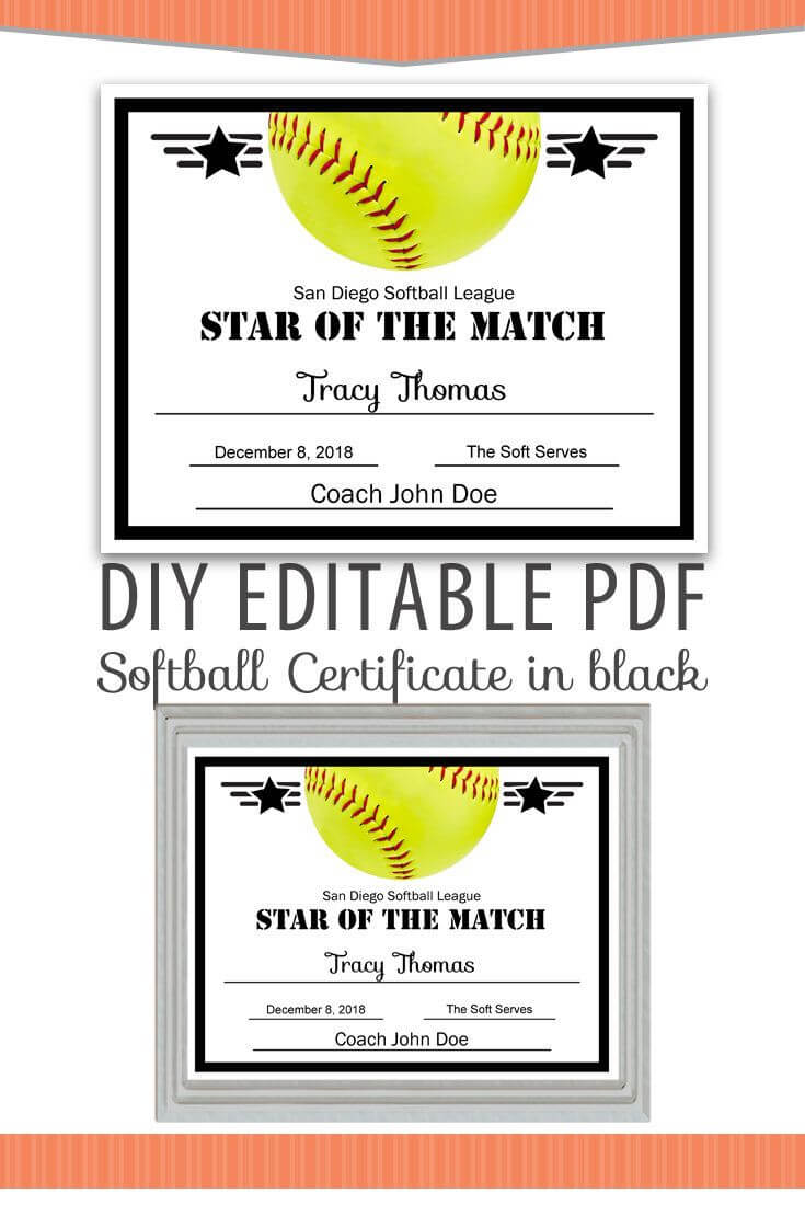Editable Pdf Sports Team Softball Certificate Diy Award With Softball Award Certificate Template