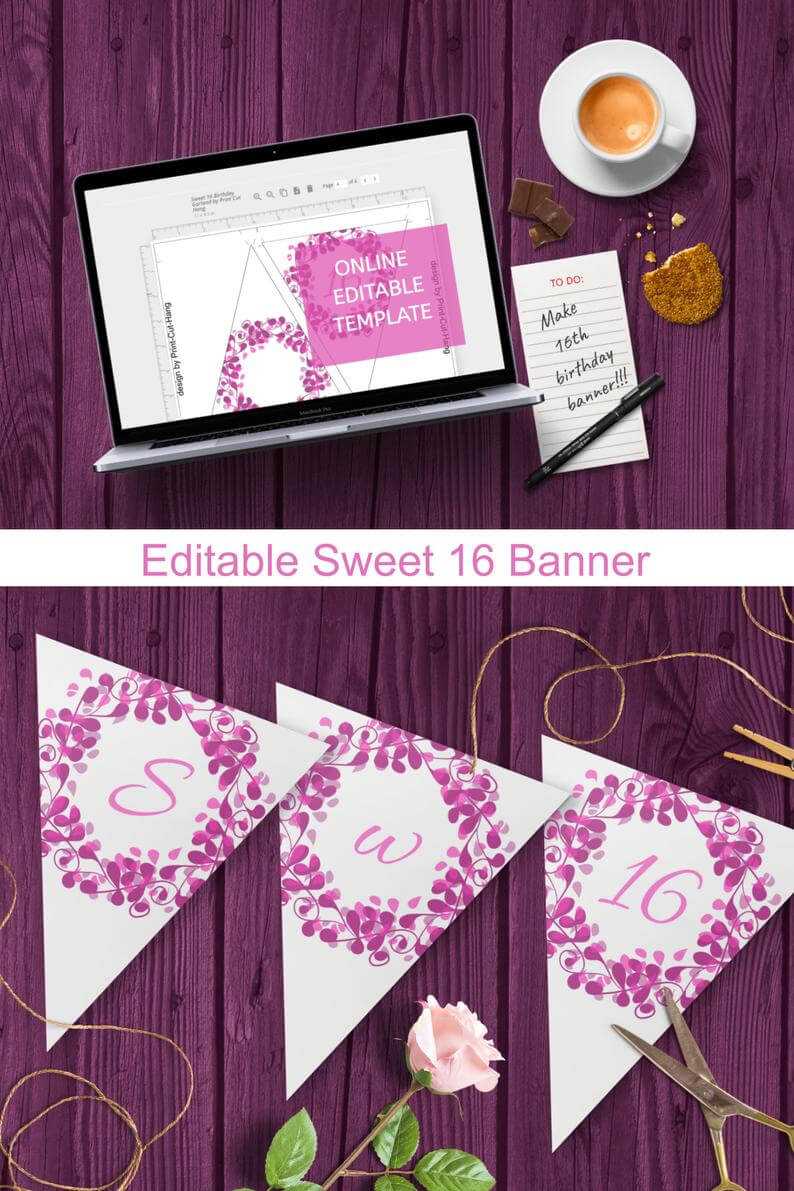 Editable Sweet 16 Banner Template For Pink Purple 16Th Birthday Decoration For Sweet 16 Banner Template