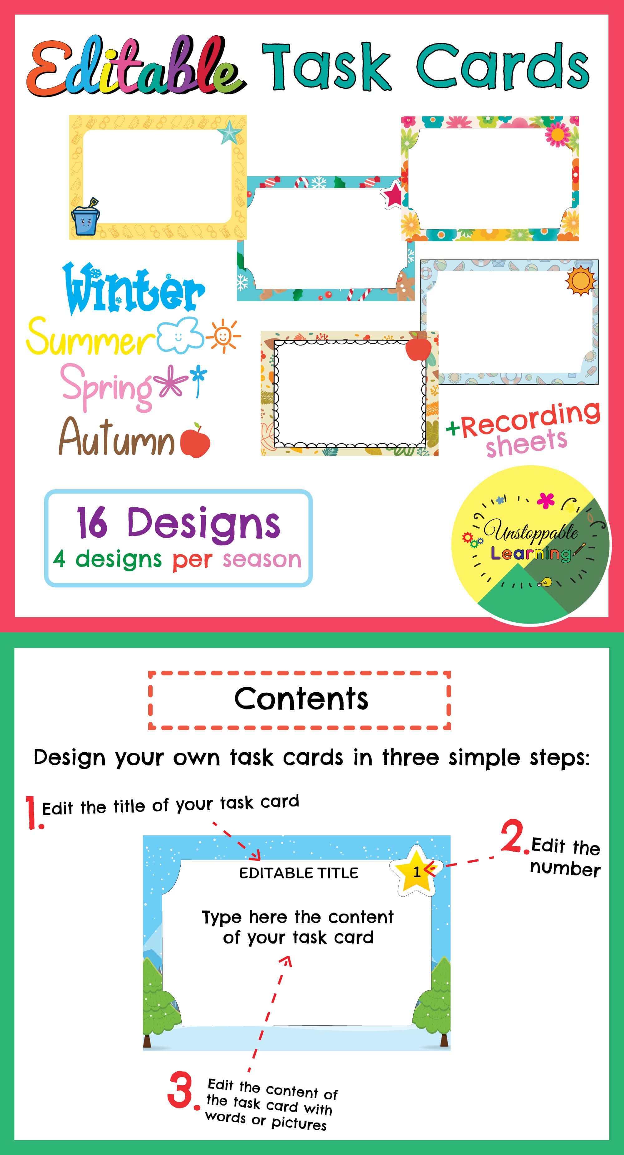 Editable Task Card Templates Seasonal Themed | My Products With Task Cards Template