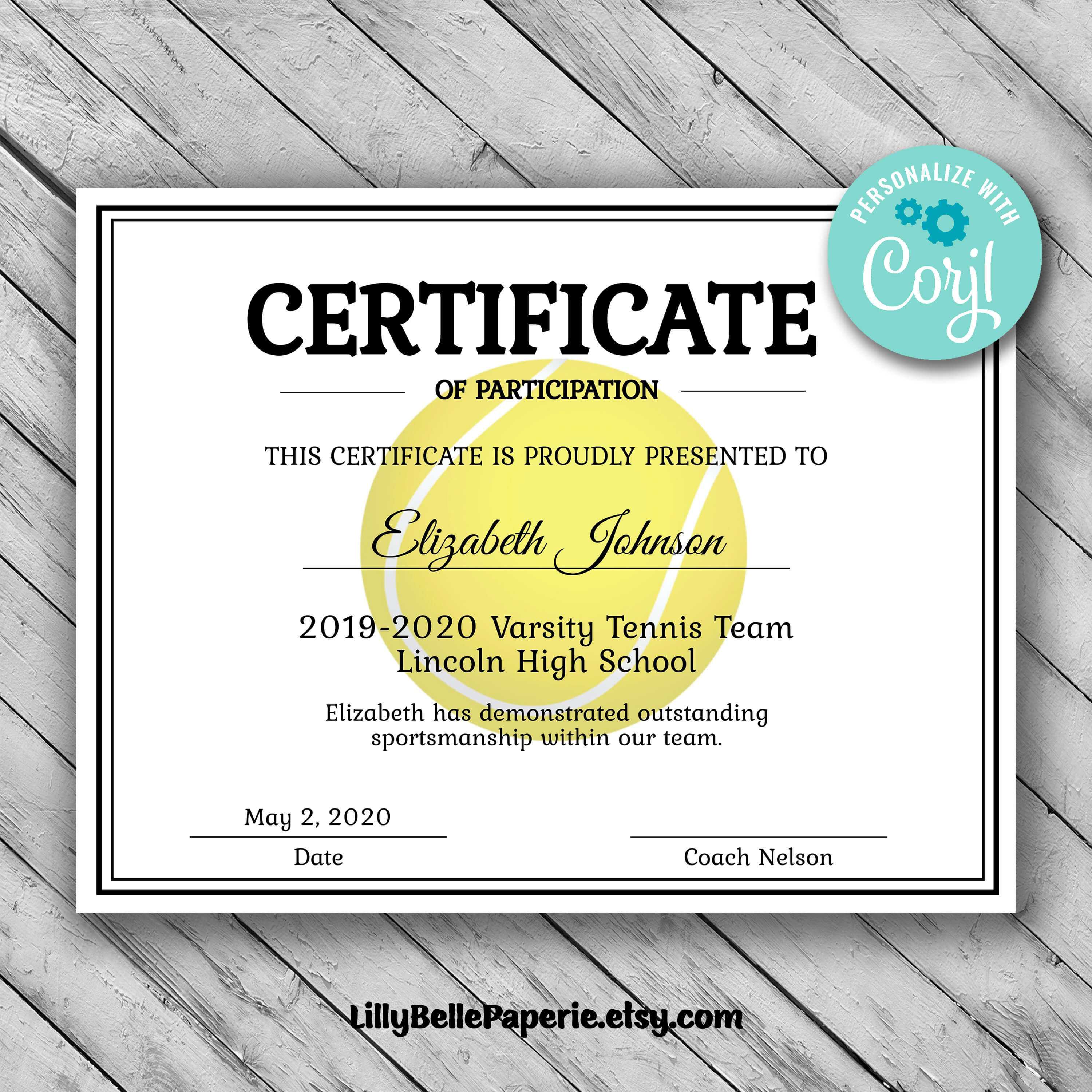 Editable Tennis Certificate Template – Printable Certificate Template –  Tennis Certificate Template Personalized Diploma Certificate Within Tennis Certificate Template Free