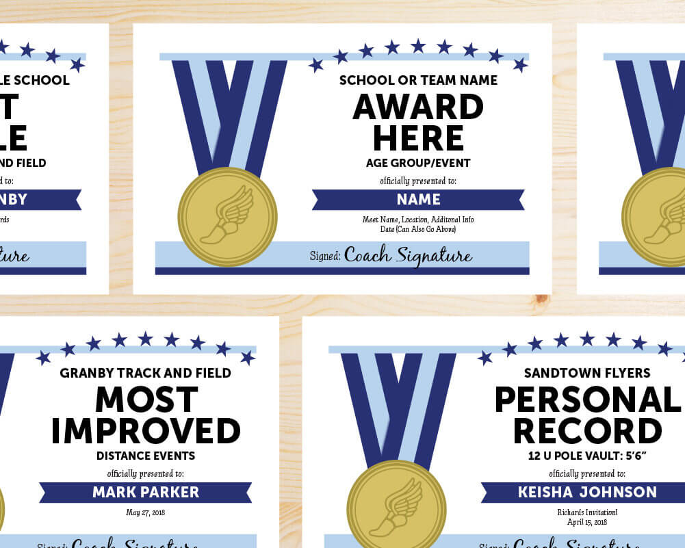 Editable Track And Field Award Certificates – Instant Download Printable –  Navy Blue And Light Sky Blue Within Track And Field Certificate Templates Free