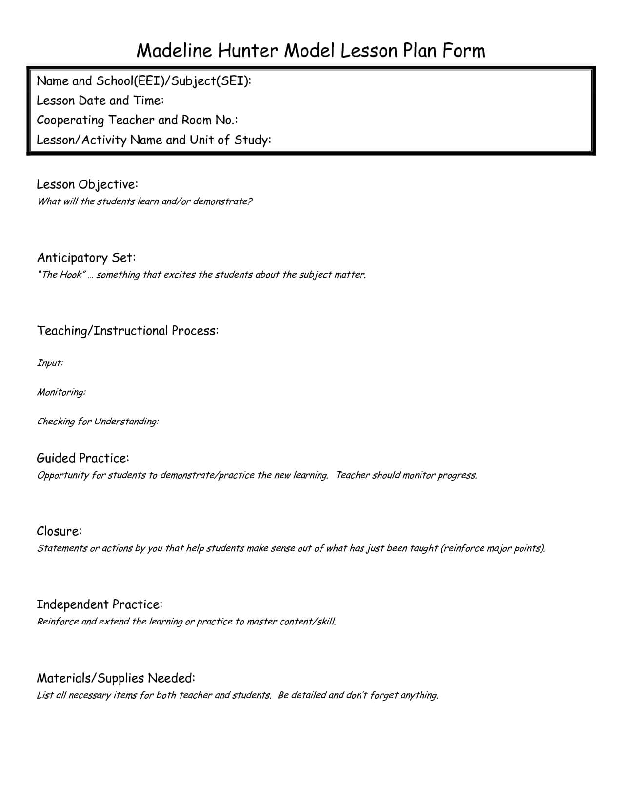 Eei Lesson Plan | Madeline Hunter Lesson Plan, Lesson Plan Pertaining To Madeline Hunter Lesson Plan Blank Template