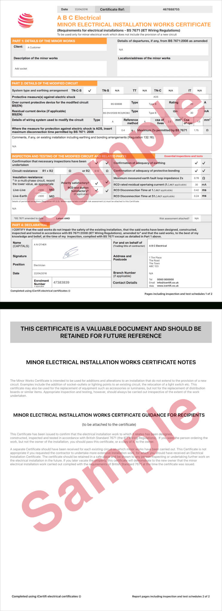 Electrical Certificate - Example Minor Works Certificate Inside Minor Electrical Installation Works Certificate Template