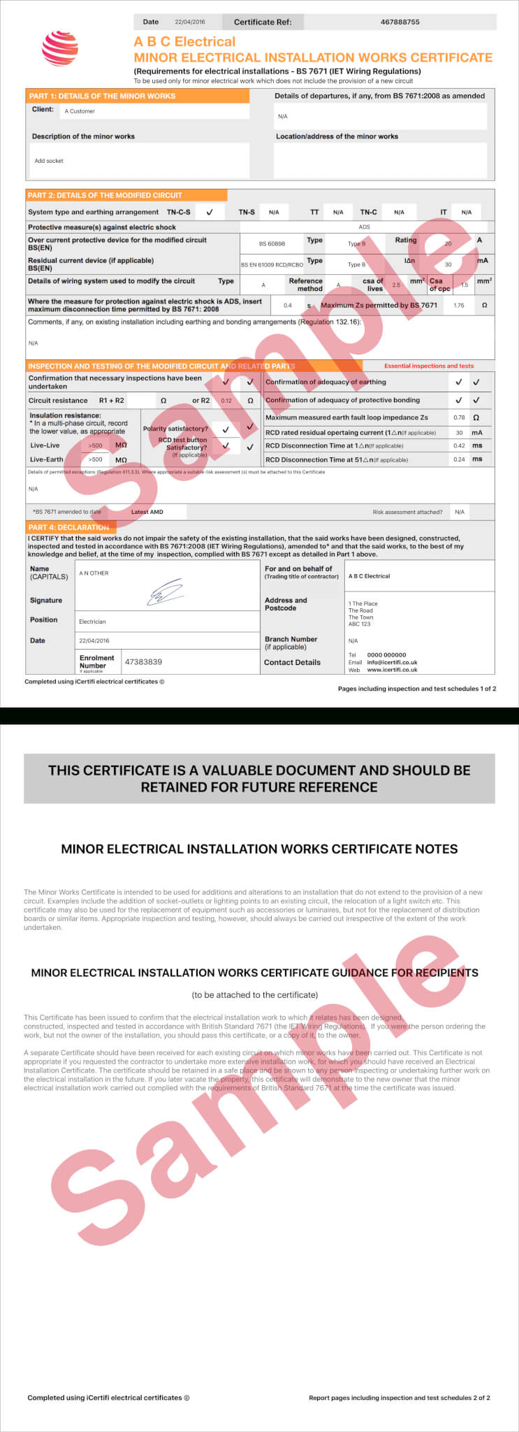 Electrical Certificate – Example Minor Works Certificate Inside Minor Electrical Installation Works Certificate Template