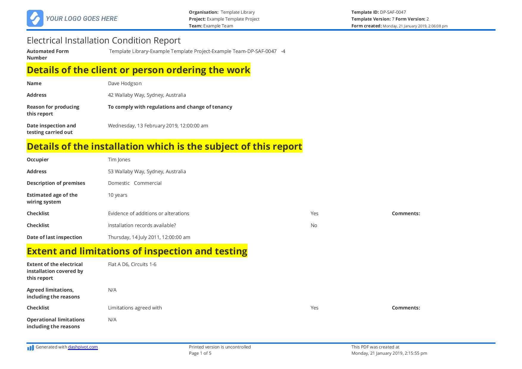 Electrical Installation Condition Report Sample And Free Inside Property Condition Assessment Report Template