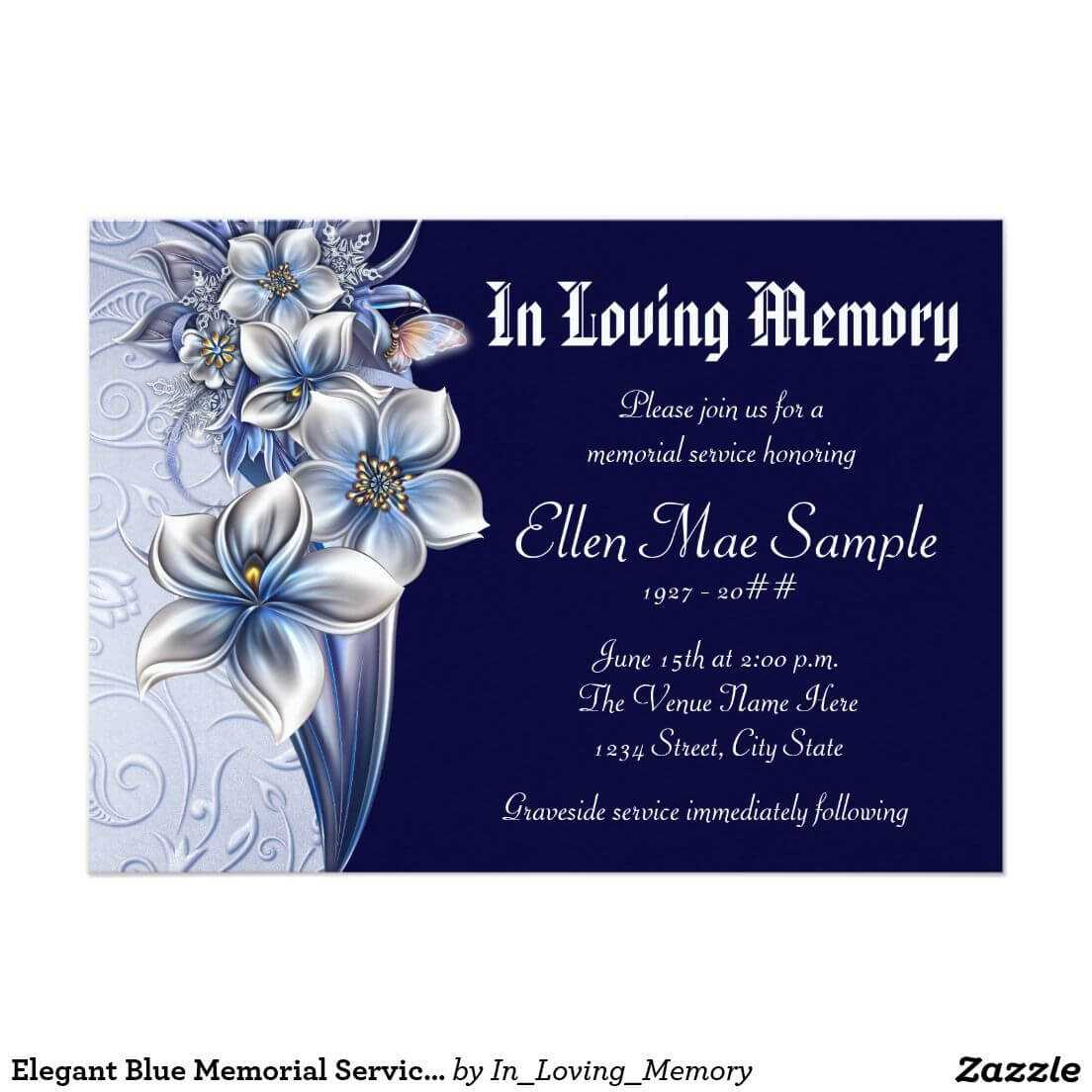 Elegant Blue Memorial Service Announcements | Zazzle Pertaining To Funeral Invitation Card Template