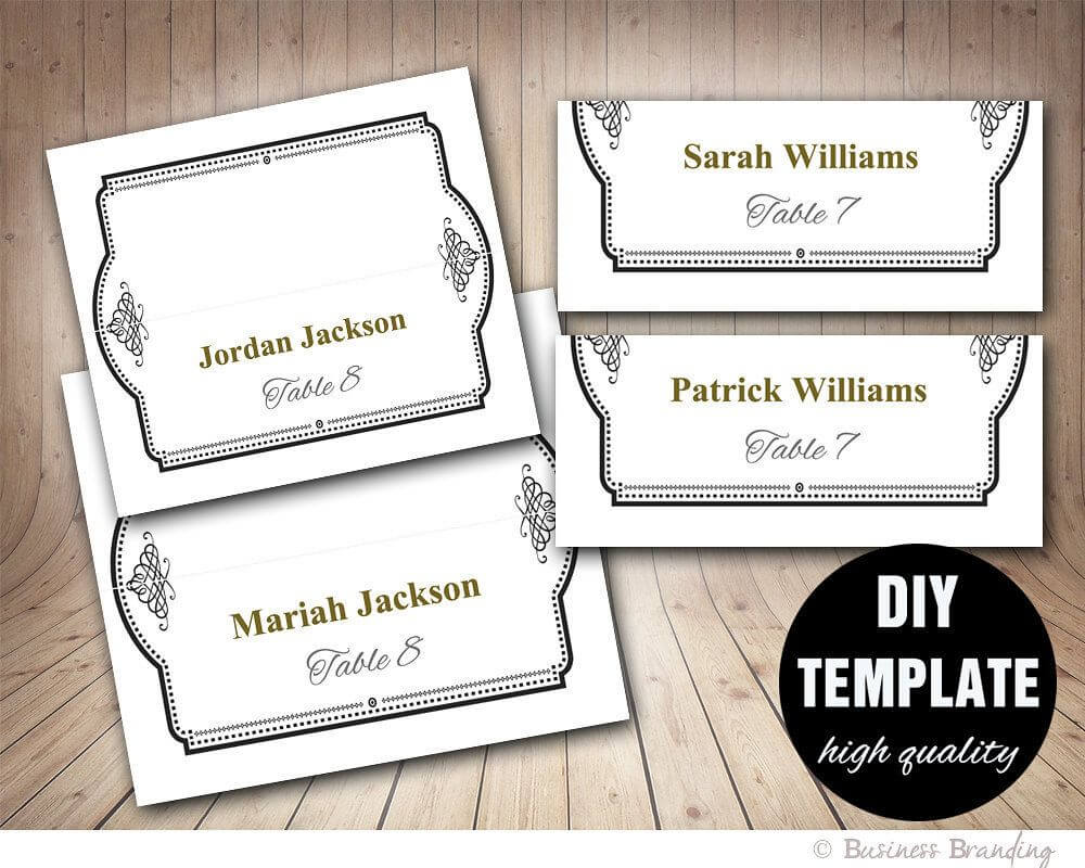 Elegant Wedding Placecard Template Foldover, Diy Black Gold Regarding Fold Over Place Card Template