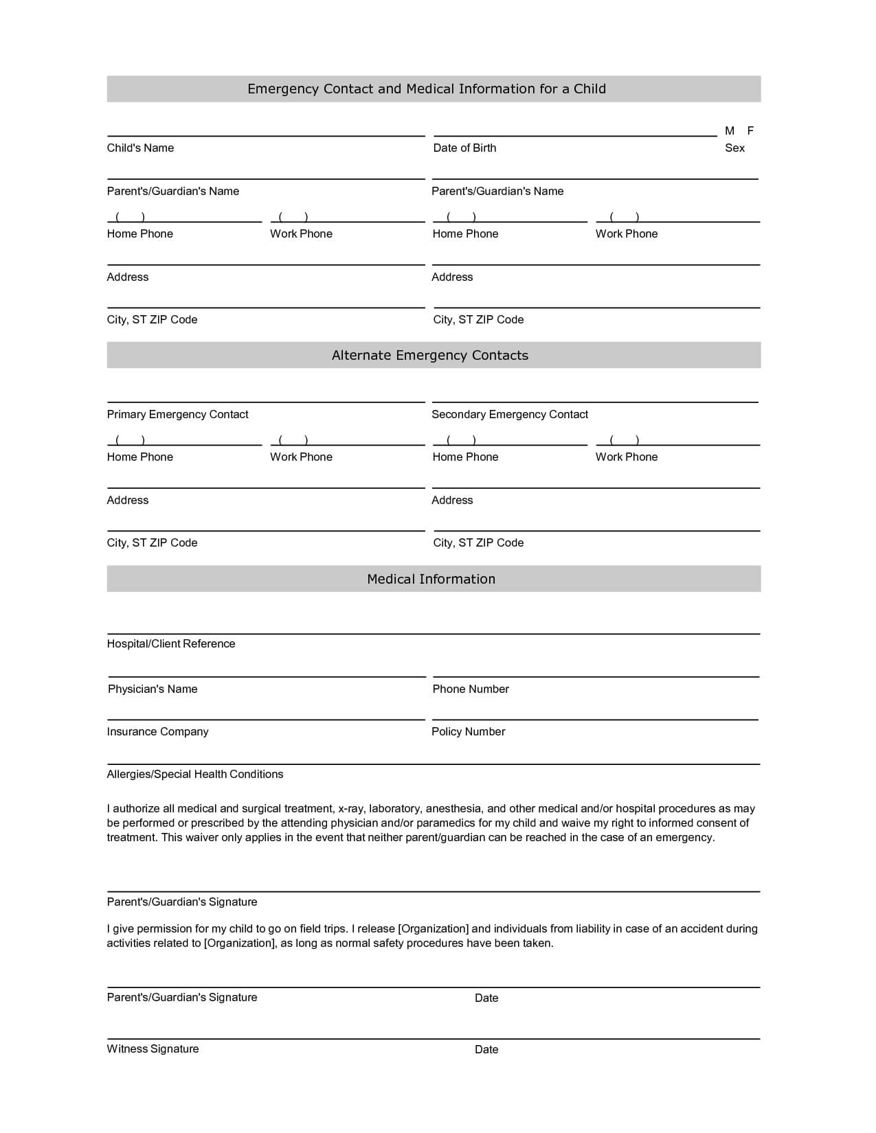 Emergency Contact Information Form Template | Emergency Inside Student Information Card Template