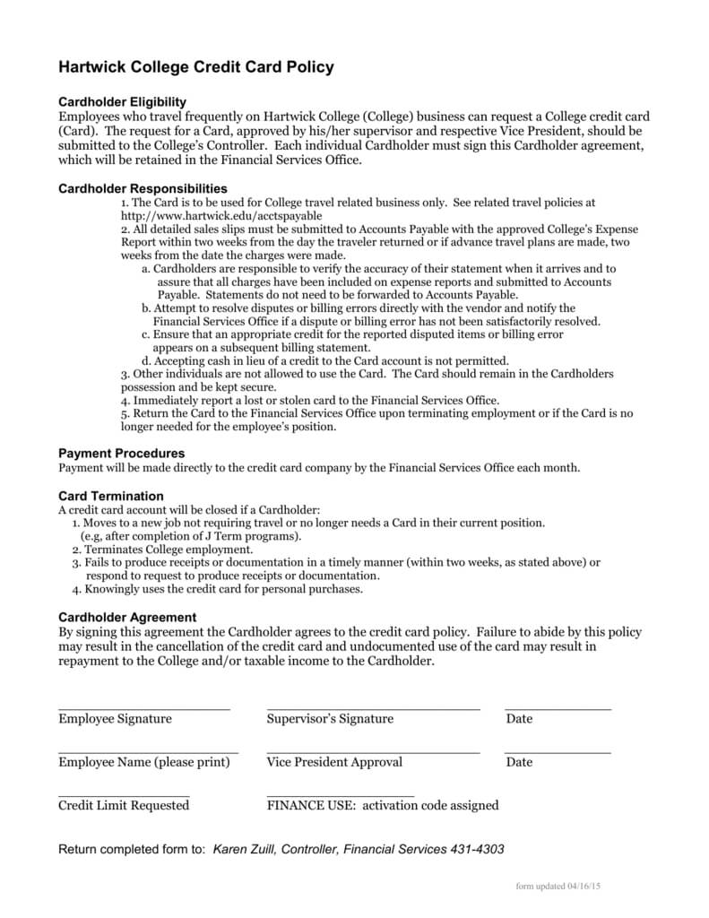 Employee Credit Card Agreement Template Word Uk Hartwick Regarding Corporate Credit Card Agreement Template