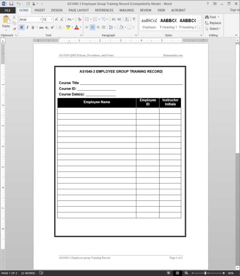 Employee Group Training Record As9100 Template As1040 3 With Regard