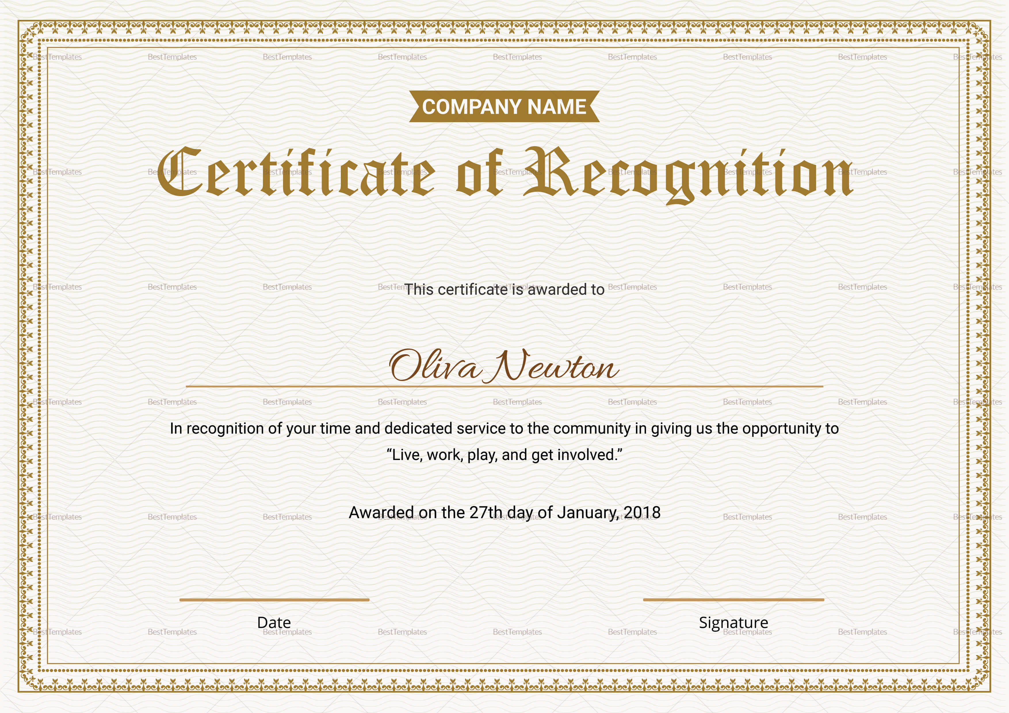 Employee Recognition Certificate Template Regarding Template For Recognition Certificate