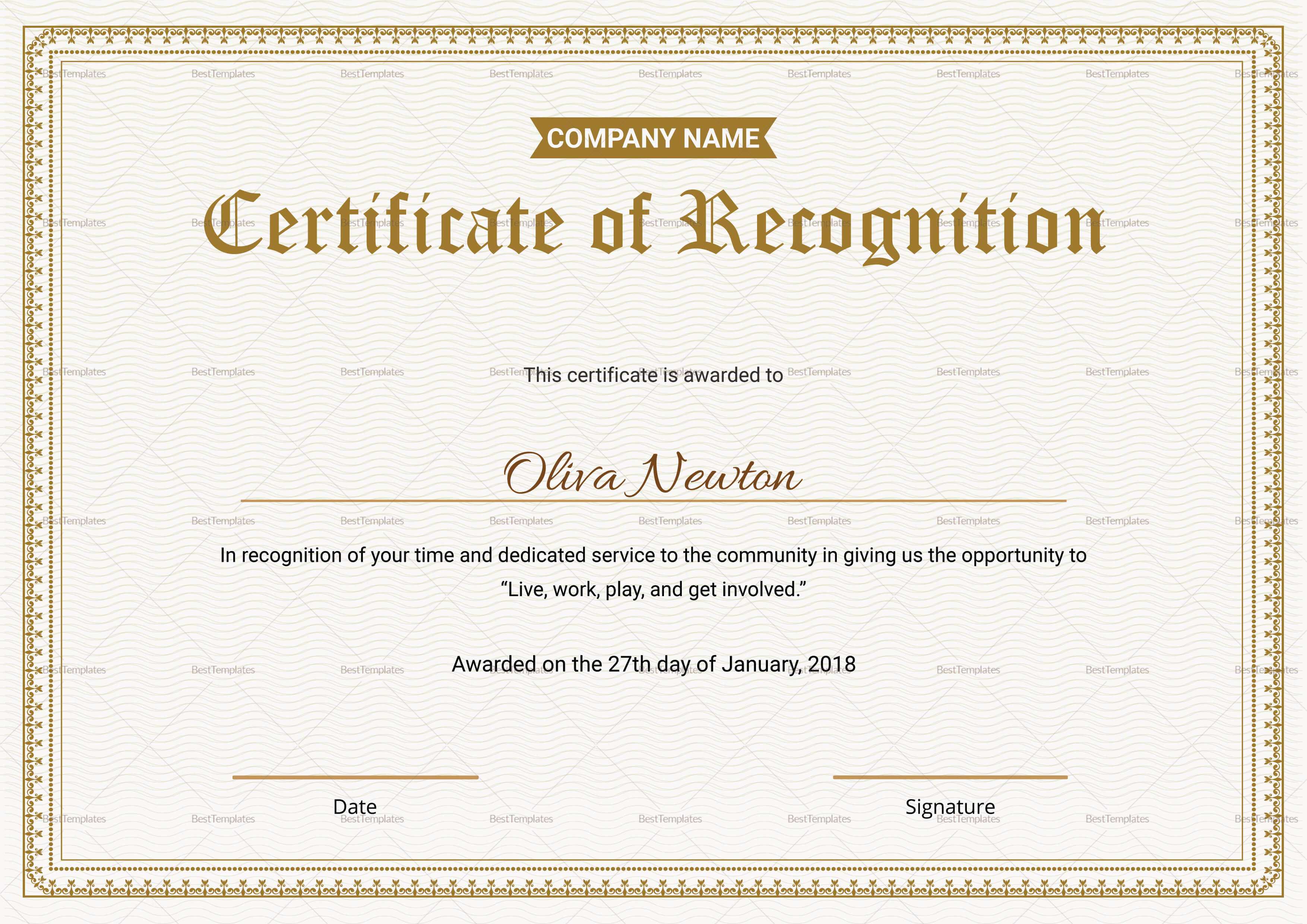 Employee Recognition Certificate Template Regarding Template For Recognition Certificate