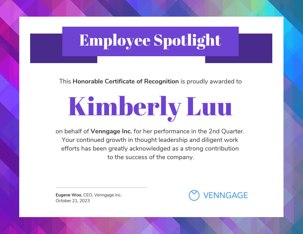 Employee Spotlight Certificate Of Recognition Template Regarding Employee Anniversary Certificate Template