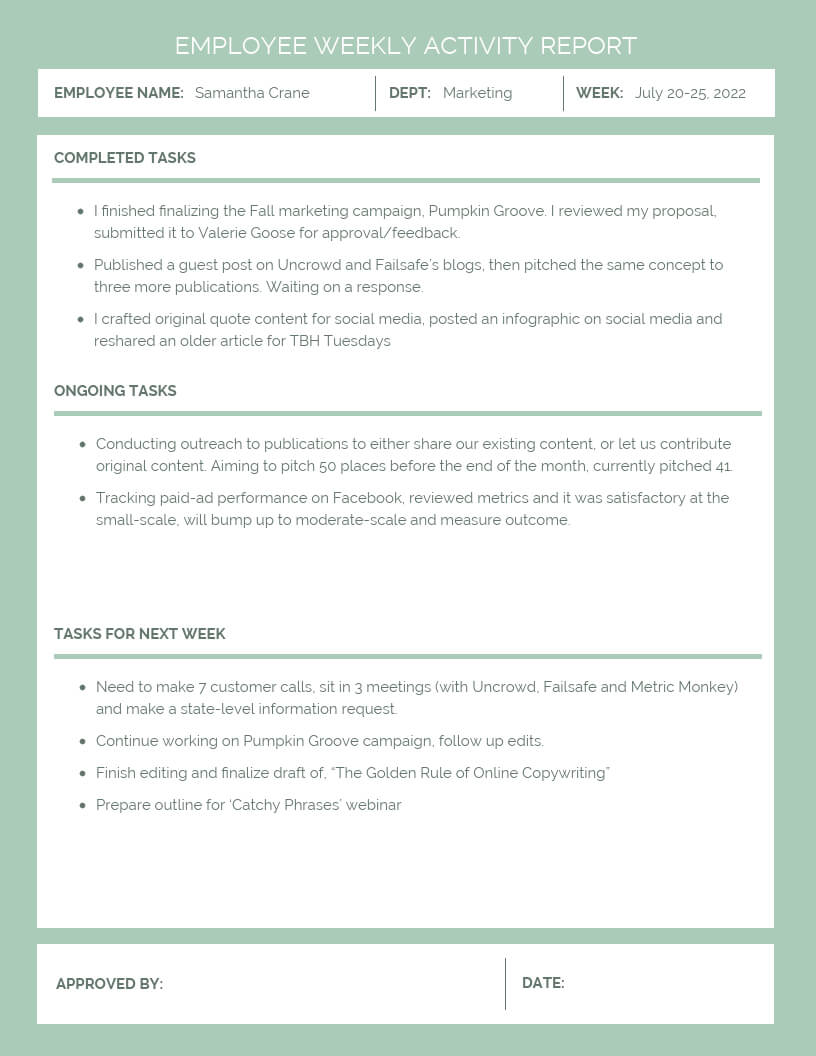 Employee Weekly Activity Report Template – Venngage In Monthly Activity Report Template