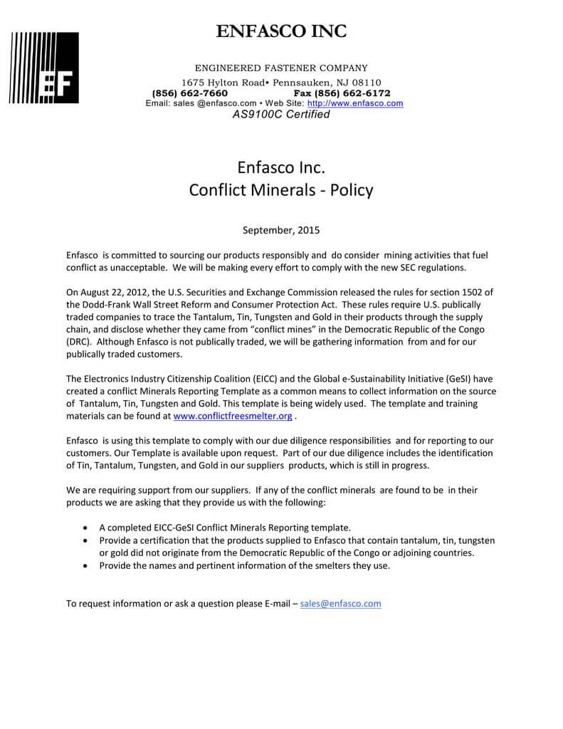 Enfasco Inc Enfasco Inc. Conflict Minerals – Policy Pertaining To Eicc Conflict Minerals Reporting Template