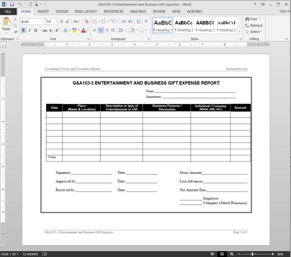 Entertainment Business Expenses Report Template | G&a103 3 Throughout Company Expense Report Template
