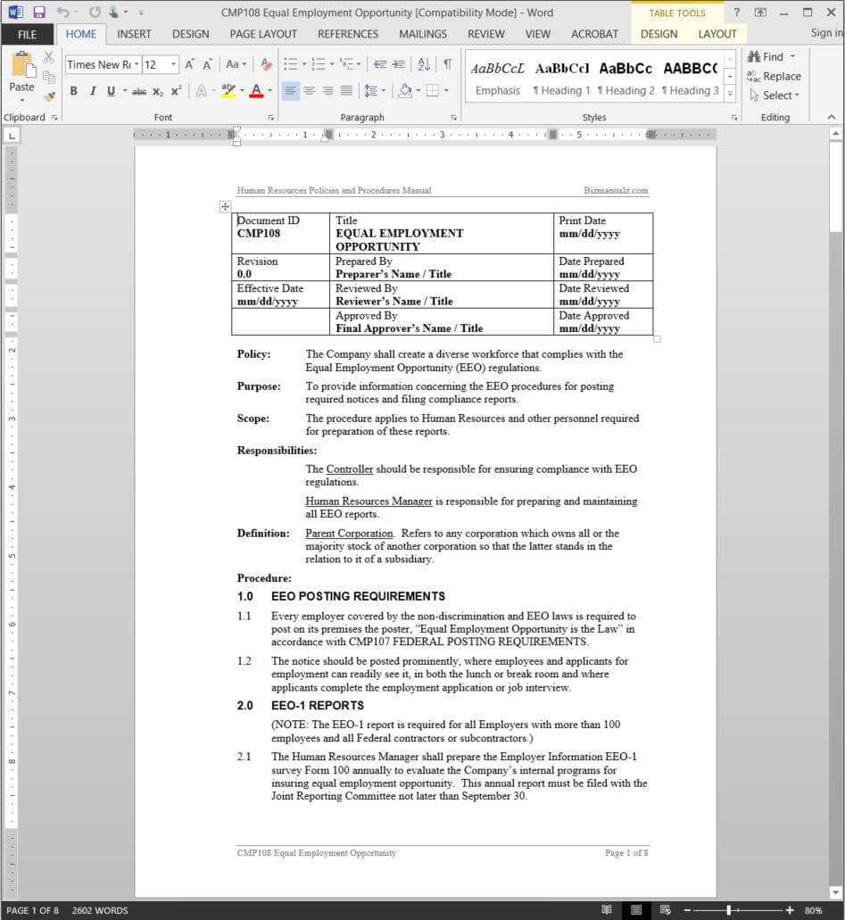 Equal Employment Opportunity Procedure Eeo | Cmp108 Throughout Eeo 1 Report Template