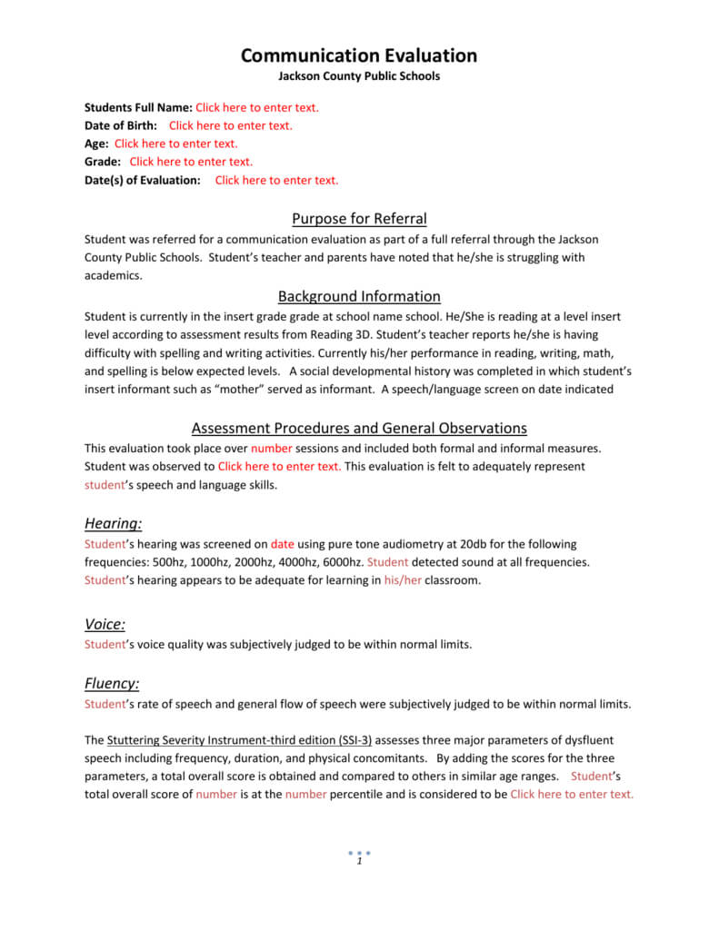 Evaluation Template 4 With Regard To Speech And Language Report Template