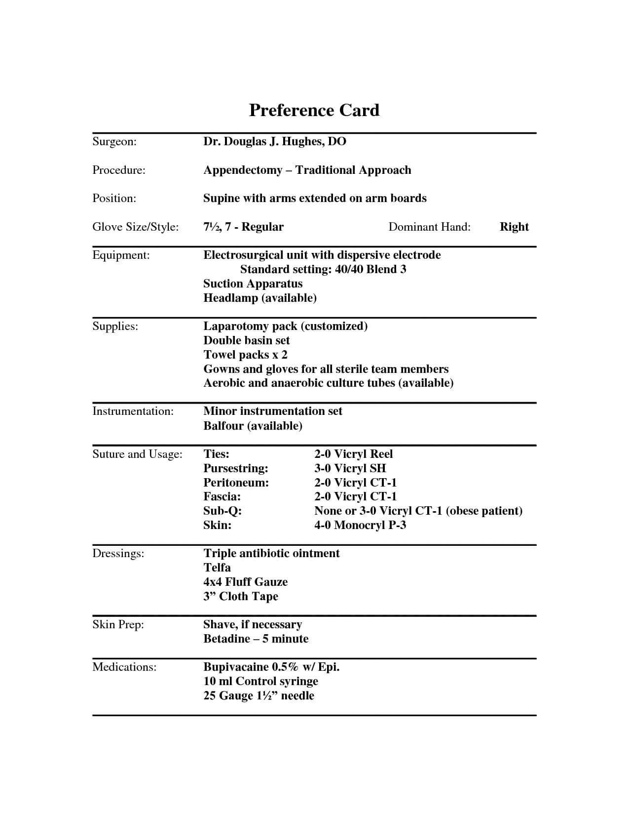 Example Of A Surgeons Preference Card | Operating Room Nurse Intended For Med Card Template