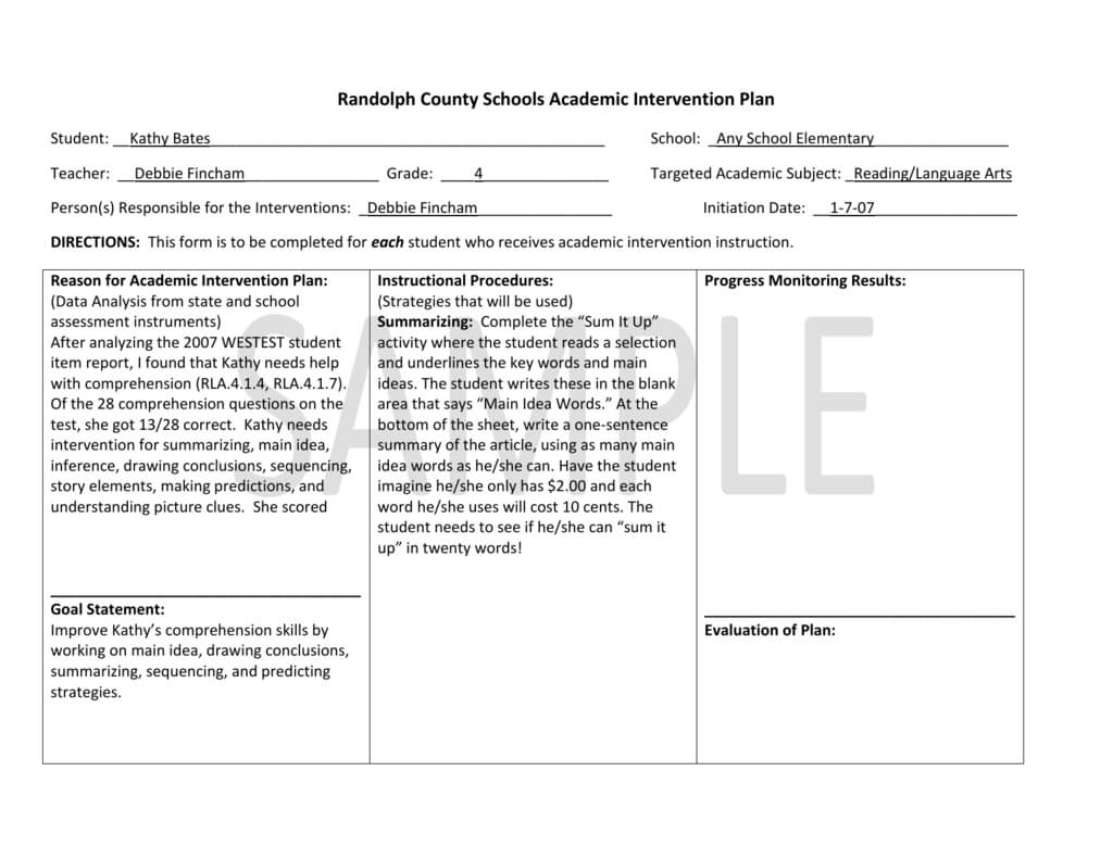 Example Of Academic Intervention Plan For Grades 3 5 In Intervention Report Template