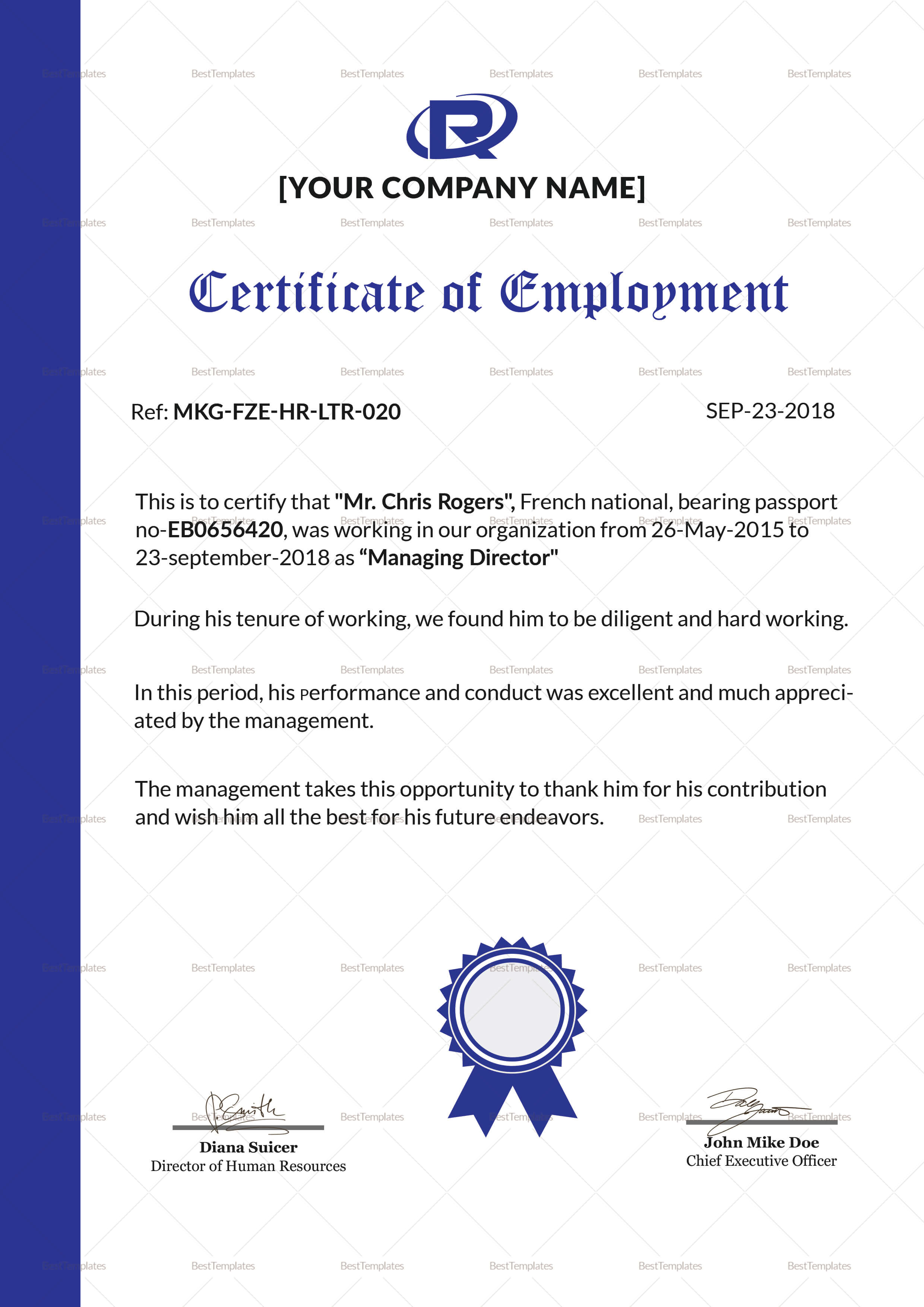 Excellent Employment Certificate Template Intended For Good Job Certificate Template