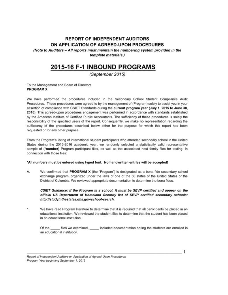 F 1 Compliance Audit Report Pertaining To Agreed Upon Procedures Report Template