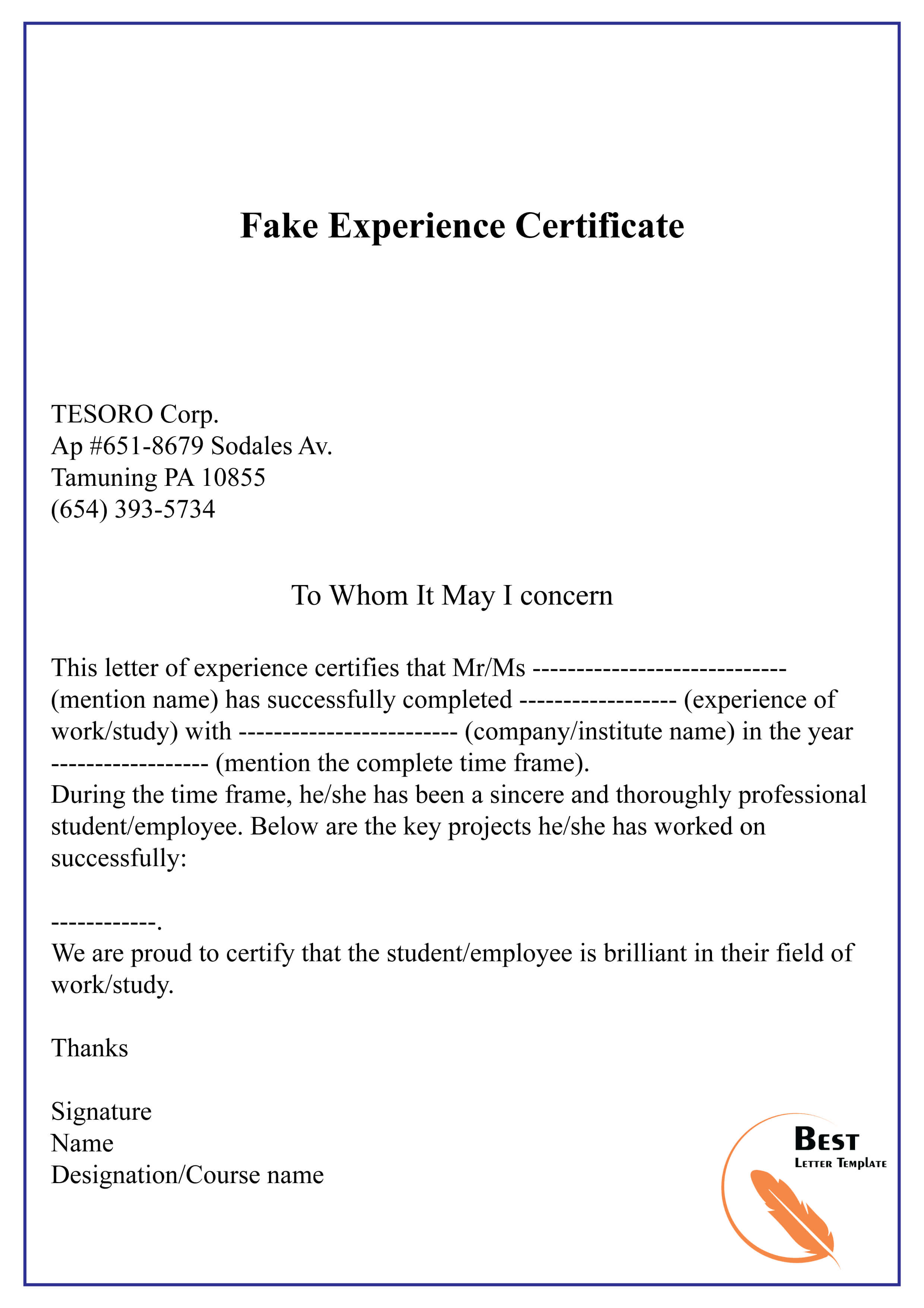 Fake Experience Certificate 01 | Best Letter Template Inside Certificate Of Experience Template