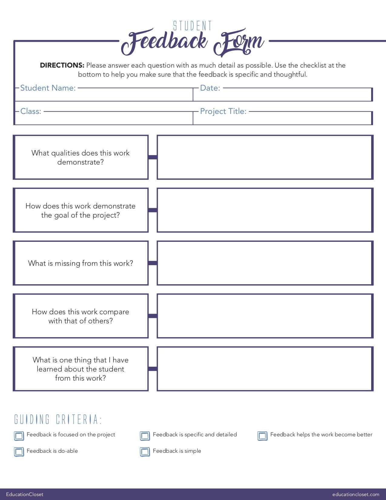 Feedback Form Students And Teachers Forms Educationcloset For Student Feedback Form Template Word