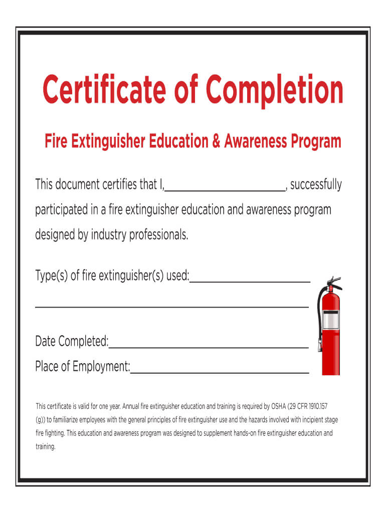 Fillable Online Certificate Of Completion – Fire Regarding Fire Extinguisher Certificate Template