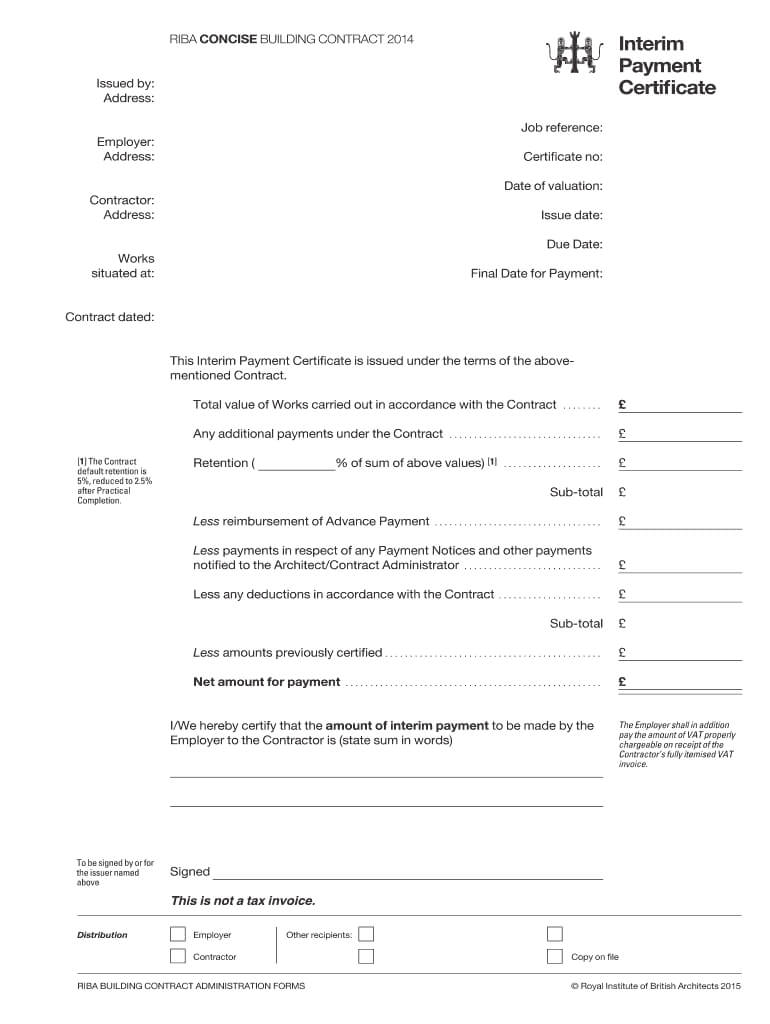 Fillable Online Interim Payment Certificate (.pdf) – Riba With Regard To Certificate Of Payment Template