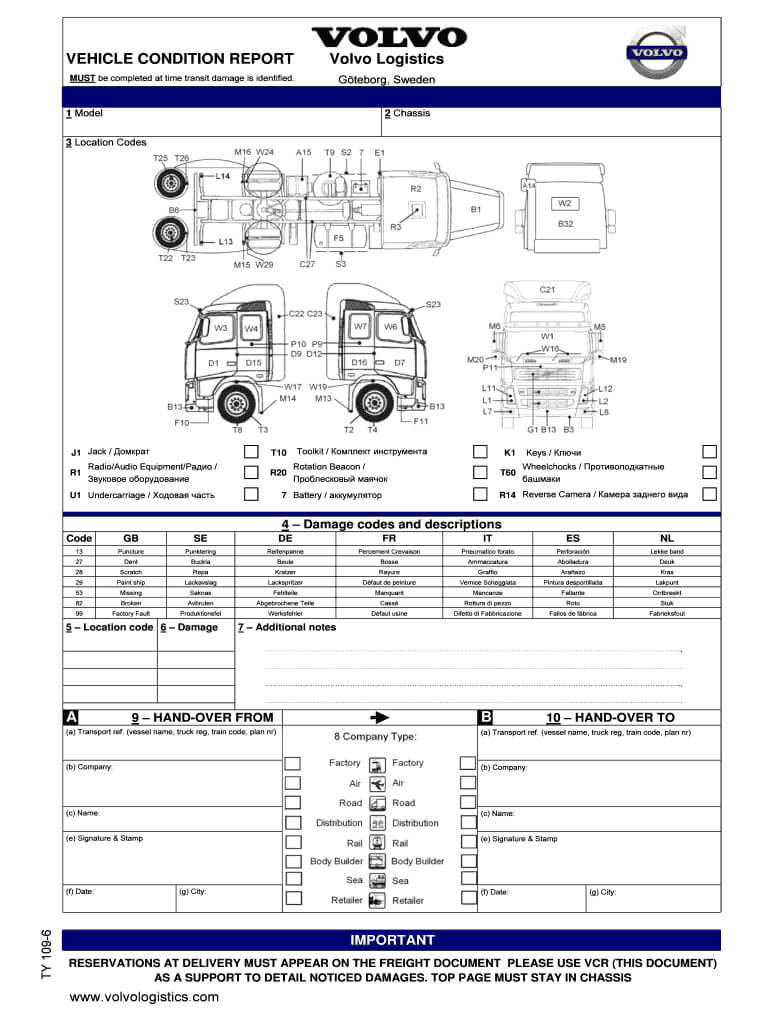 Fillable Online Vehicle Condition Report Volvo Logistics A B For Truck Condition Report Template