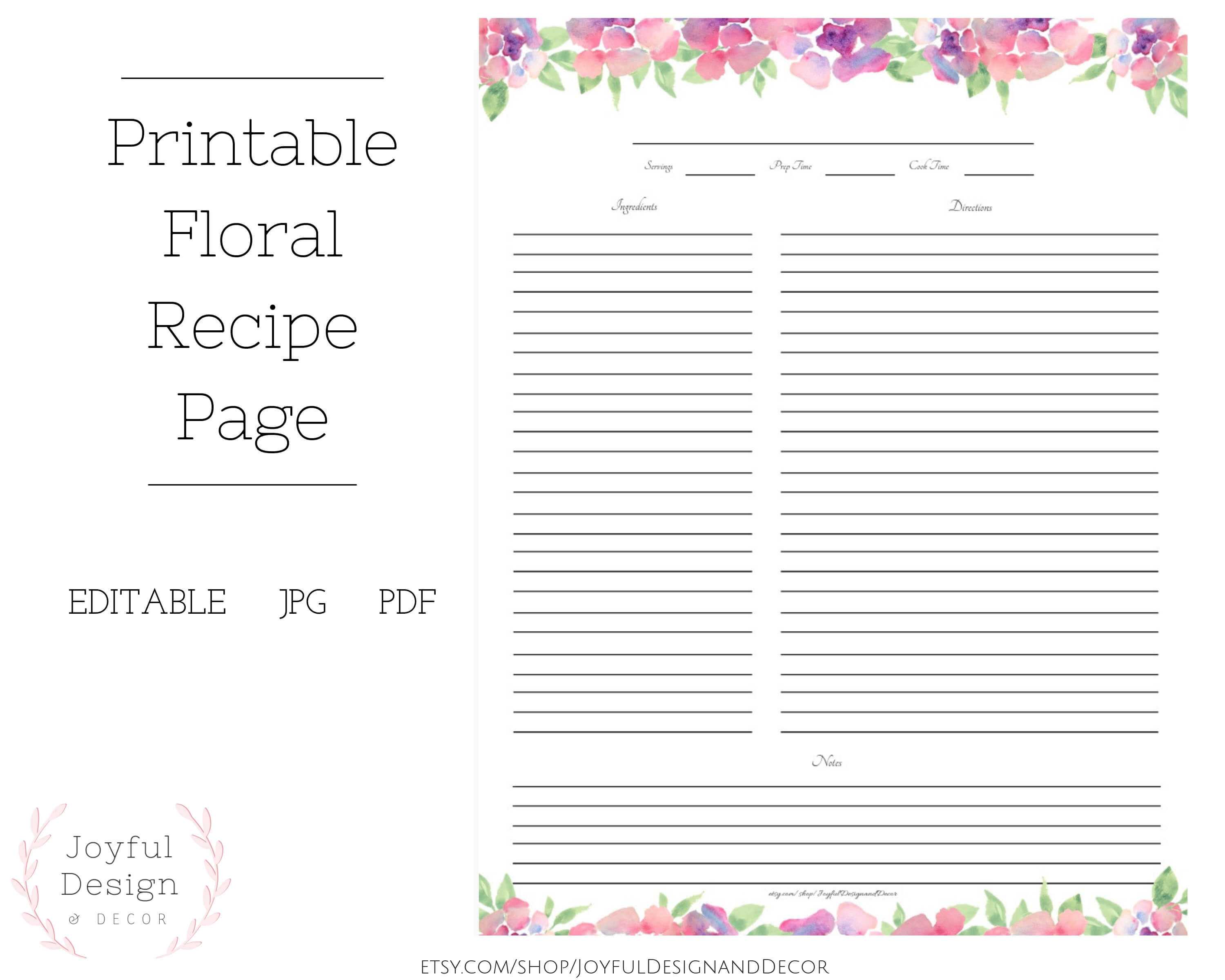 Fillable Recipe Page Floral Recipe Page Blank Recipe Template Recipe  Organization Recipe Storage Ideas Full Page Recipe Card Recipe Cards In Fillable Recipe Card Template