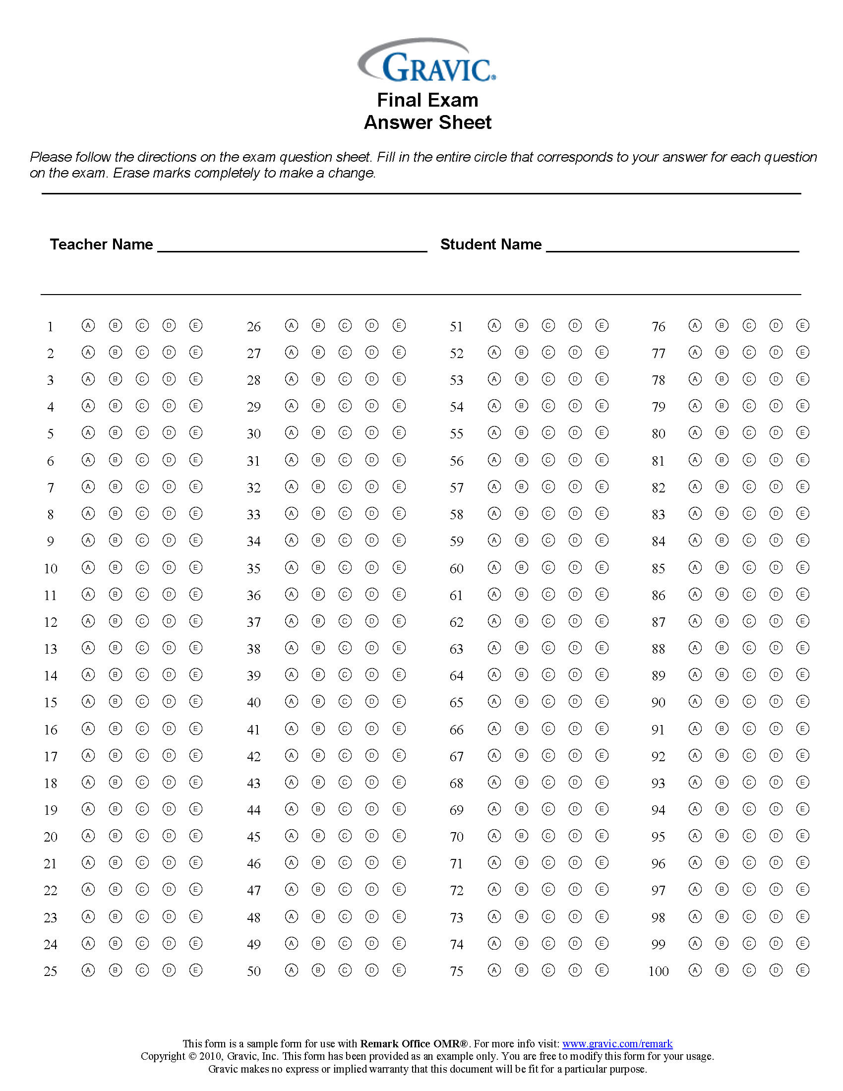 Final Exam 100 Question Test Answer Sheet · Remark Software Inside Blank Answer Sheet Template 1 100