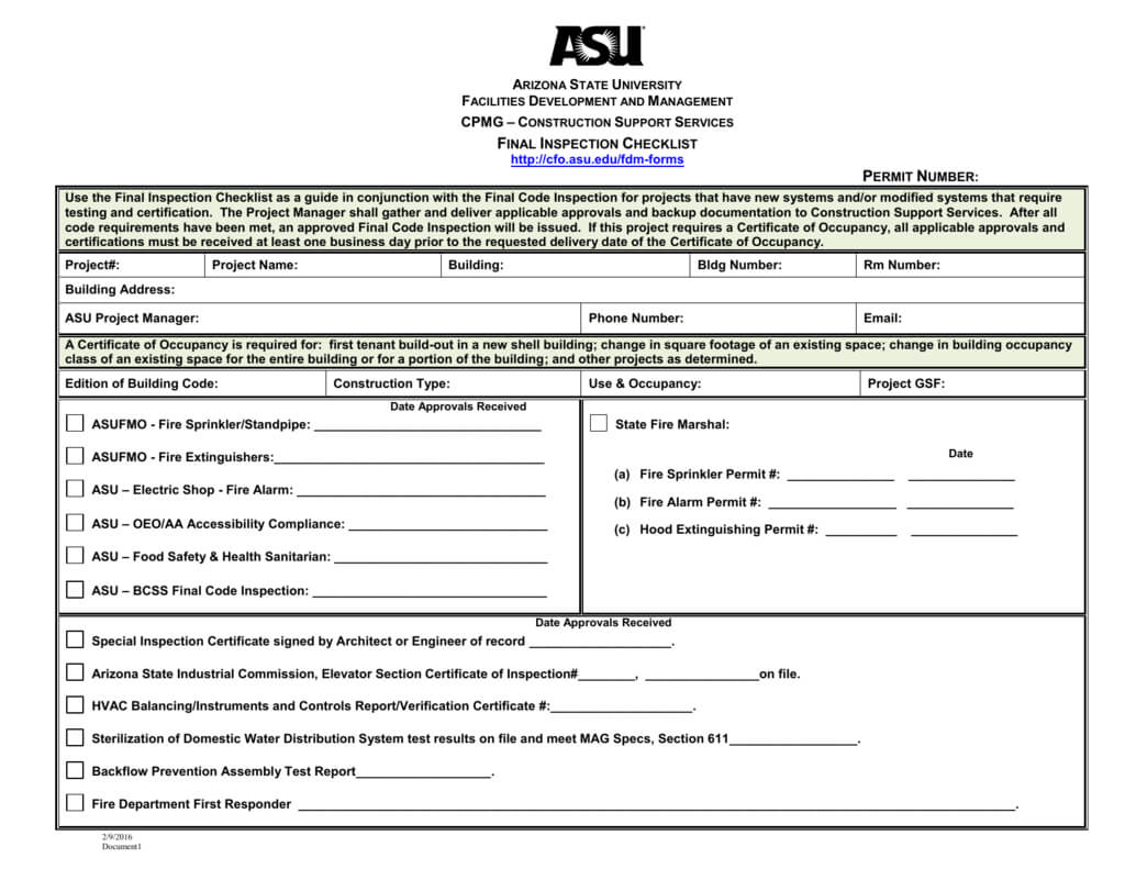 Final Inspection Checklist With Regard To Certificate Of Inspection Template