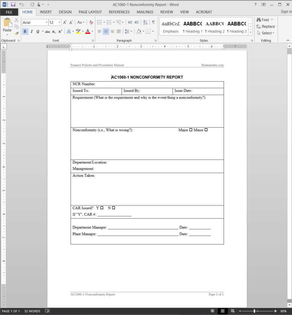 Financial Nonconformity Report Template | Ac1060 1 For Non Conformance Report Form Template