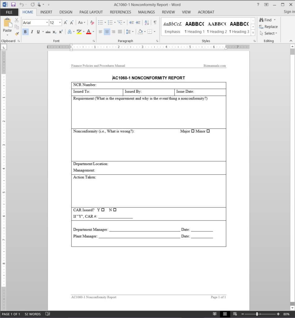 Financial Nonconformity Report Template | Ac1060 1 Intended For Quality Non Conformance Report Template