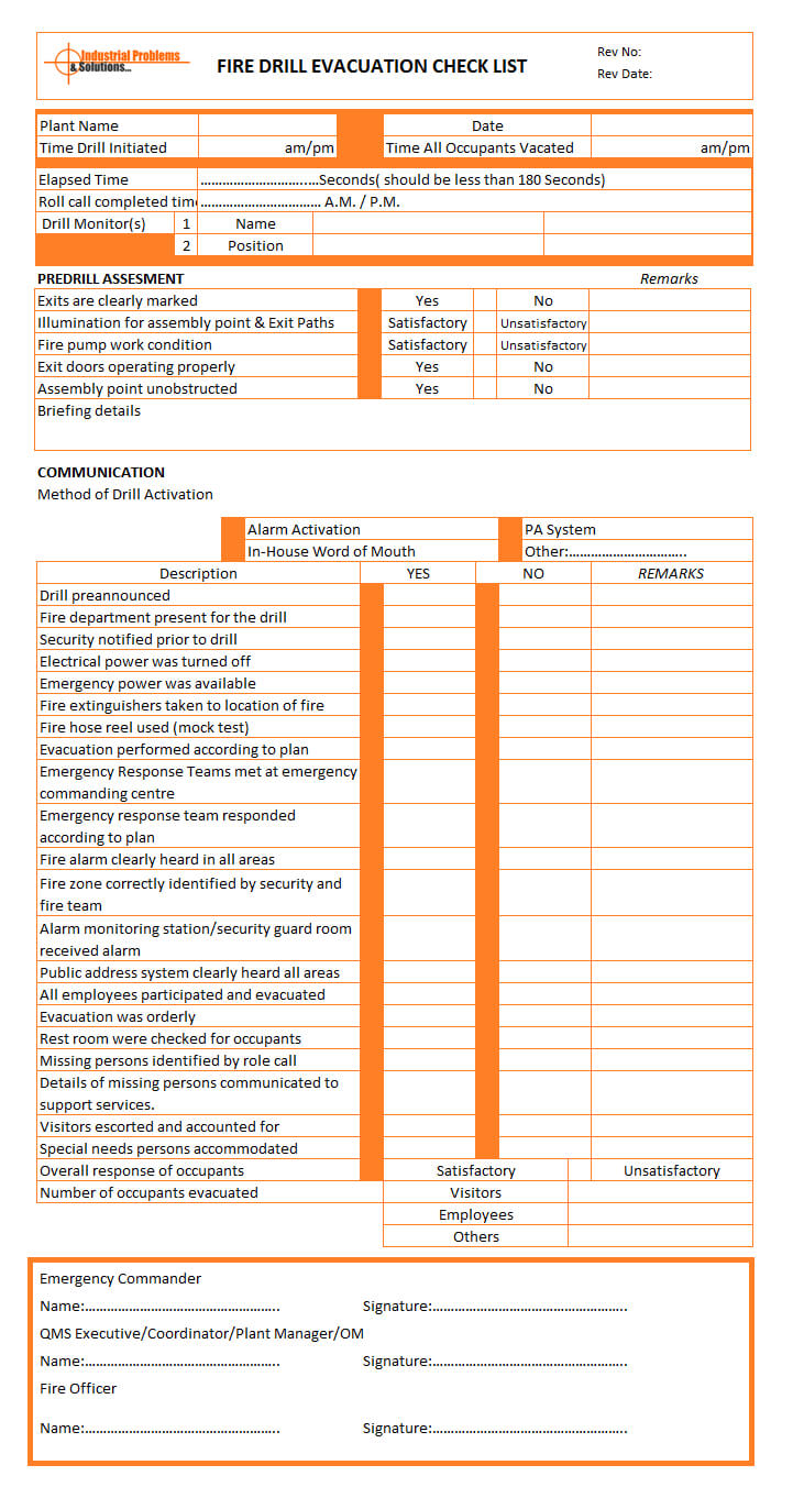 Fire Drill Evacuation Checklist | Format | Example In Emergency Drill Report Template