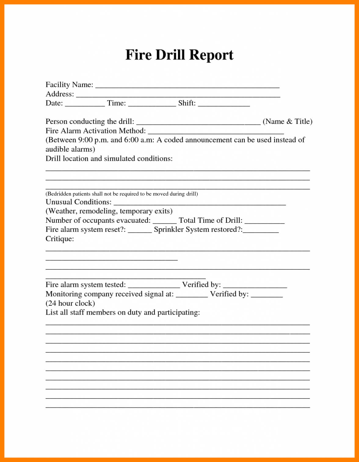 Fire Drill Report Template Throughout Emergency Drill Report Template