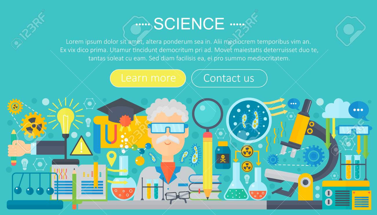 Flat Design Concept Of Science. Horizontal Banner With Scientist.. For Science Fair Banner Template