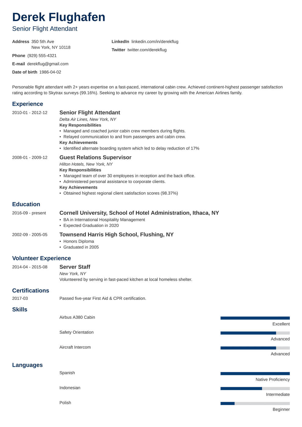 Flight Attendant Resume Sample & Guide [With Skills & More] Throughout Fit To Fly Certificate Template