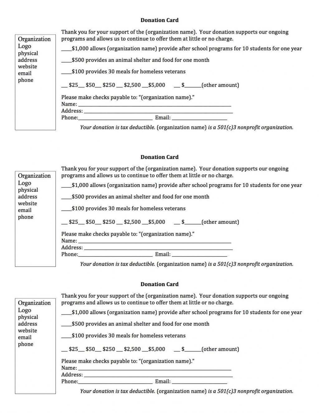 Form Donation Template Excel Html Pledge Doc Word Charitable With Regard To Donation Card Template Free