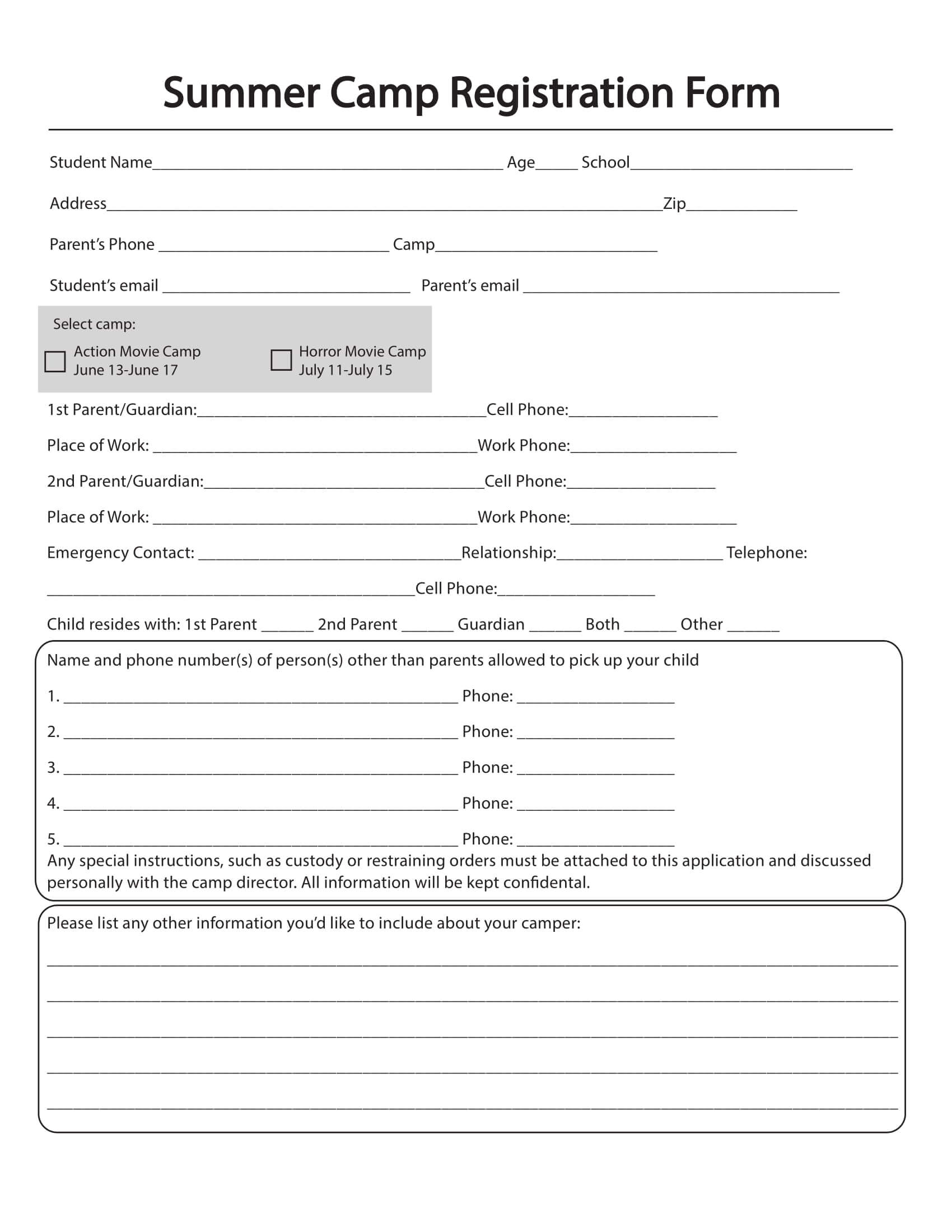 Free 10+ Printable Summer Camp Registration Forms | Pdf With Camp Registration Form Template Word
