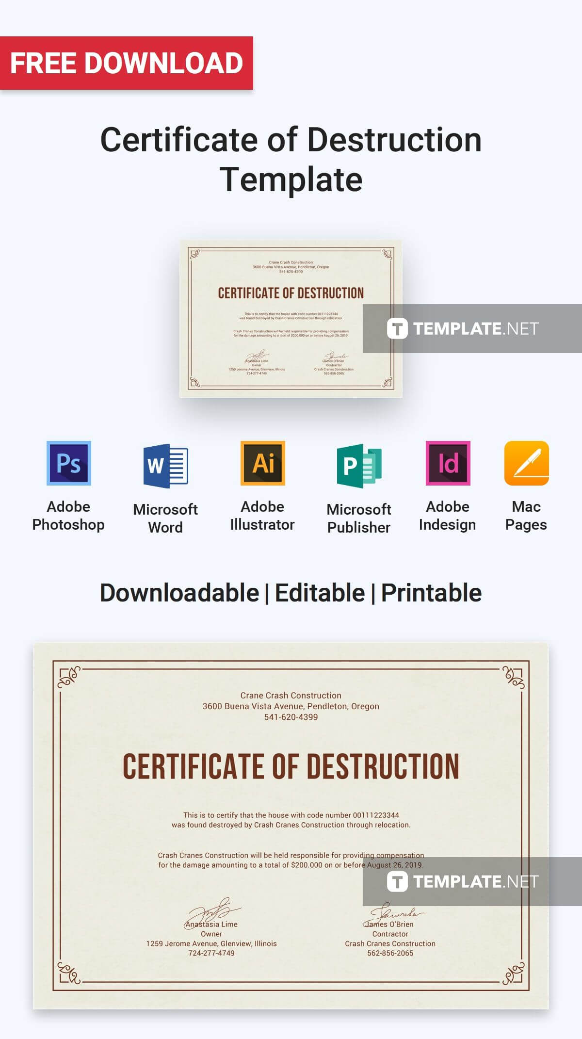 Free Certificate Of Destruction | Certificate Templates Pertaining To Certificate Of Destruction Template