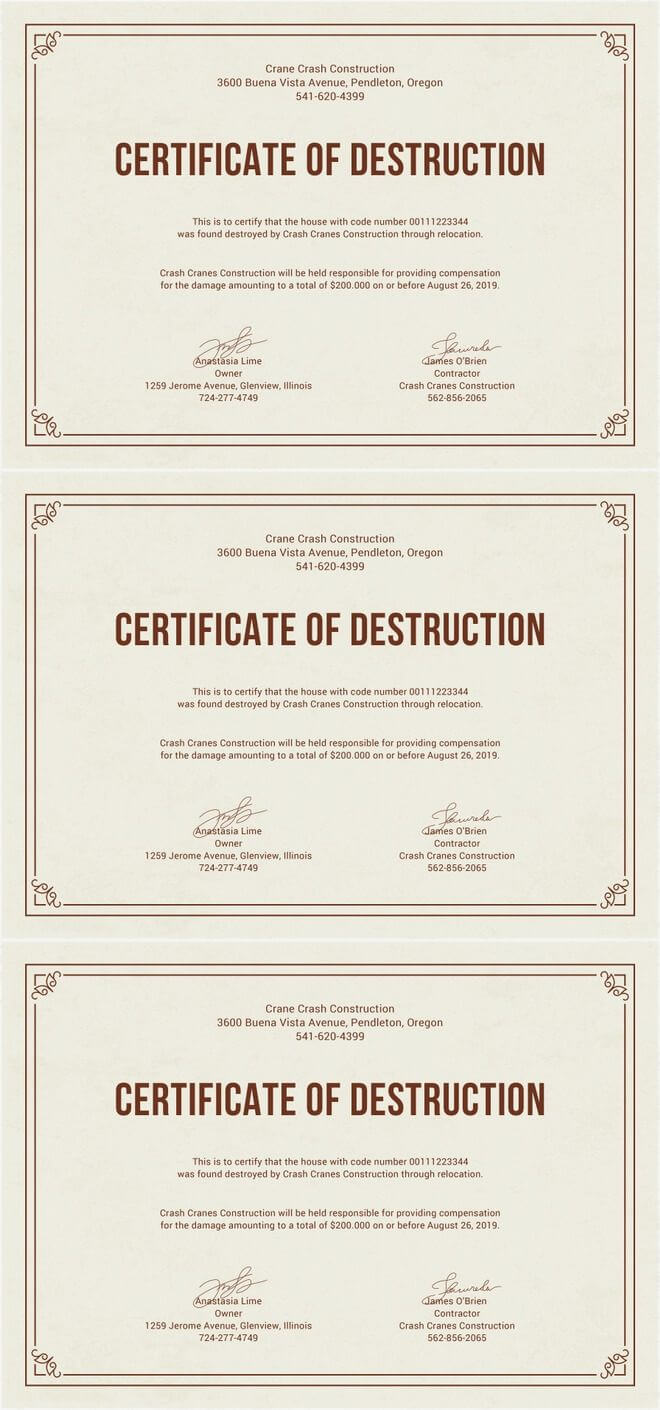 Free Certificate Of Destruction | Free Certificate Templates Inside Free Certificate Of Destruction Template